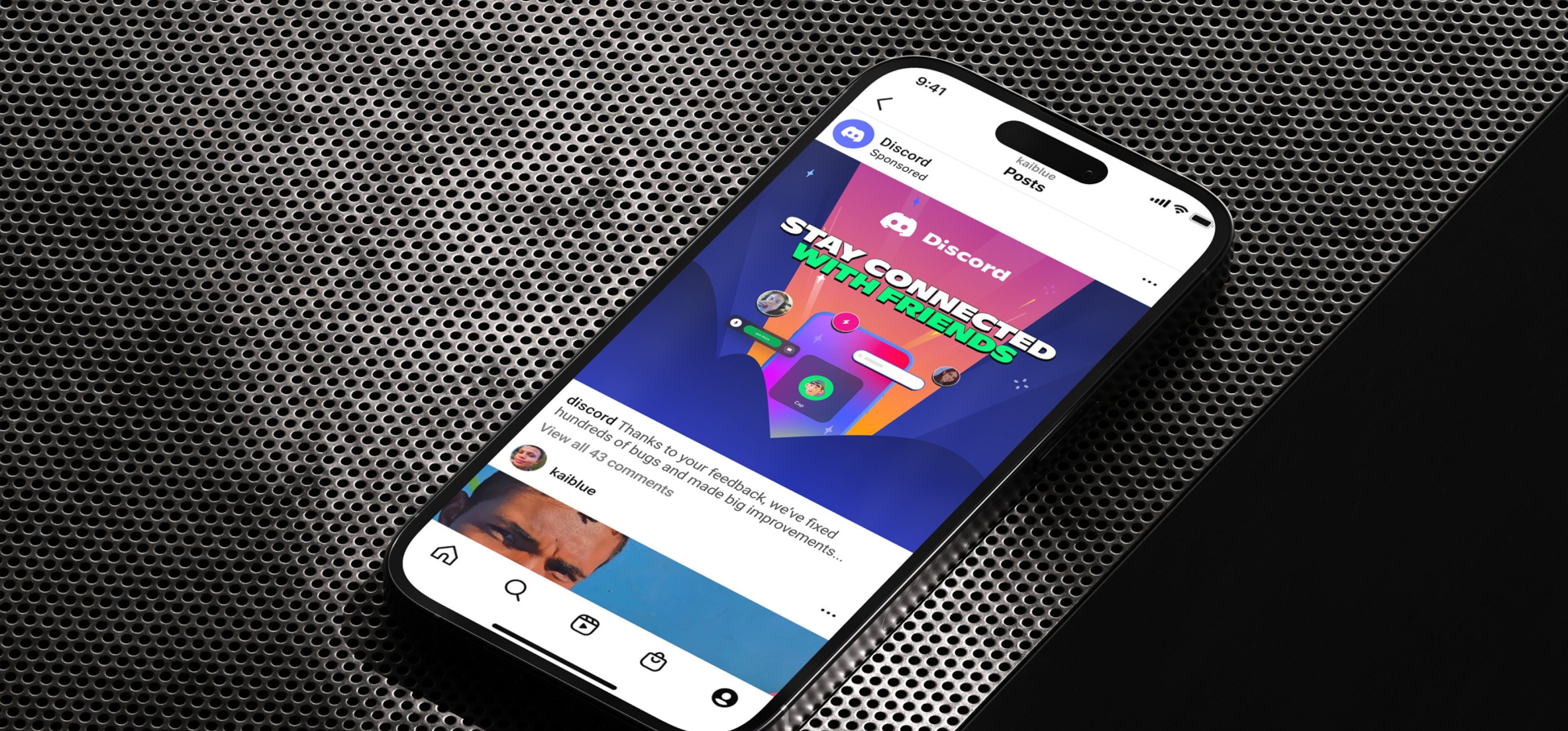 The redesigned Discord app on a phone, showing the Stay connected with friends campaign