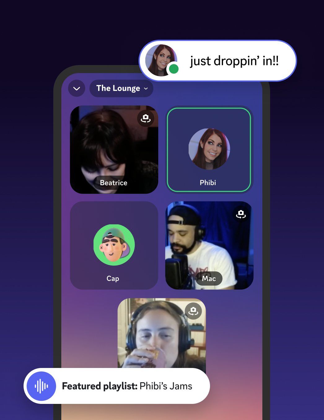 Friends on camera together in The Lounge