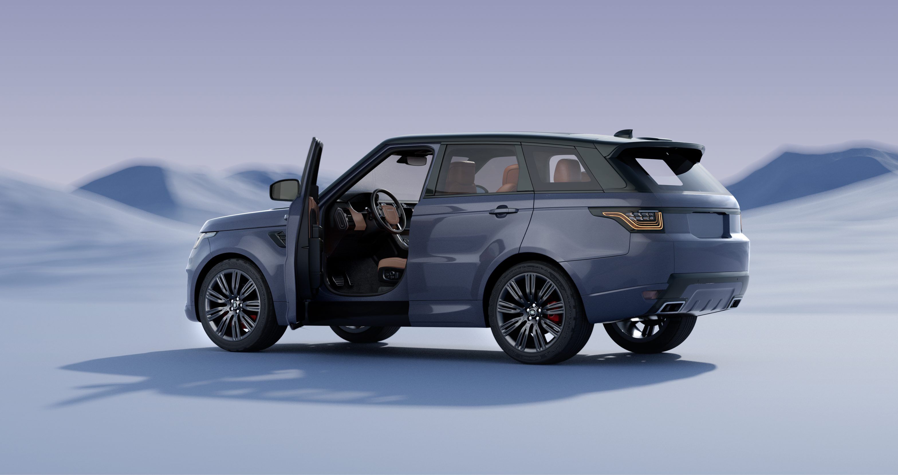 The car with its driver’s door open, in a soft blue landscape