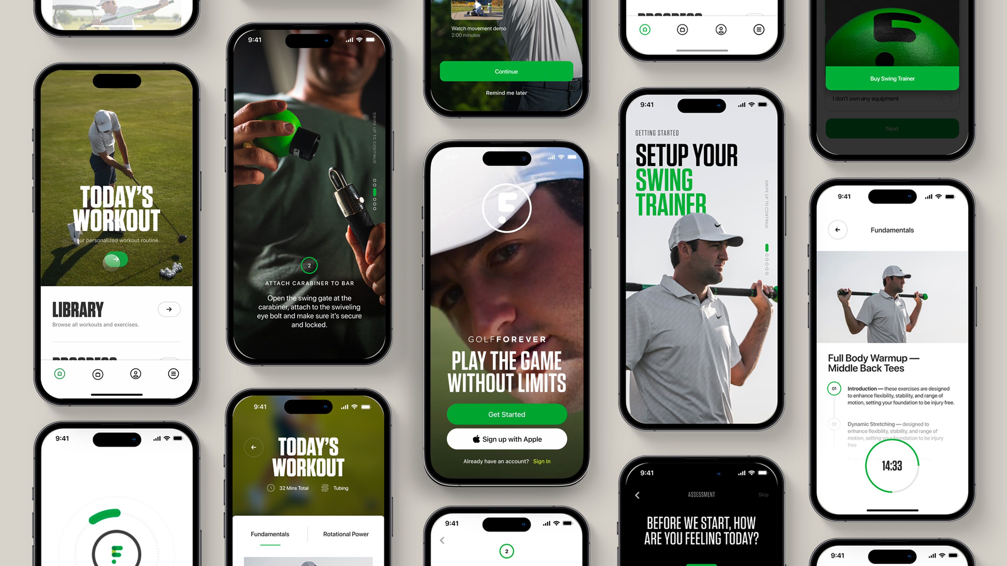 A wall of GolfForever app screens: workouts, onboarding, the swing trainer and the library