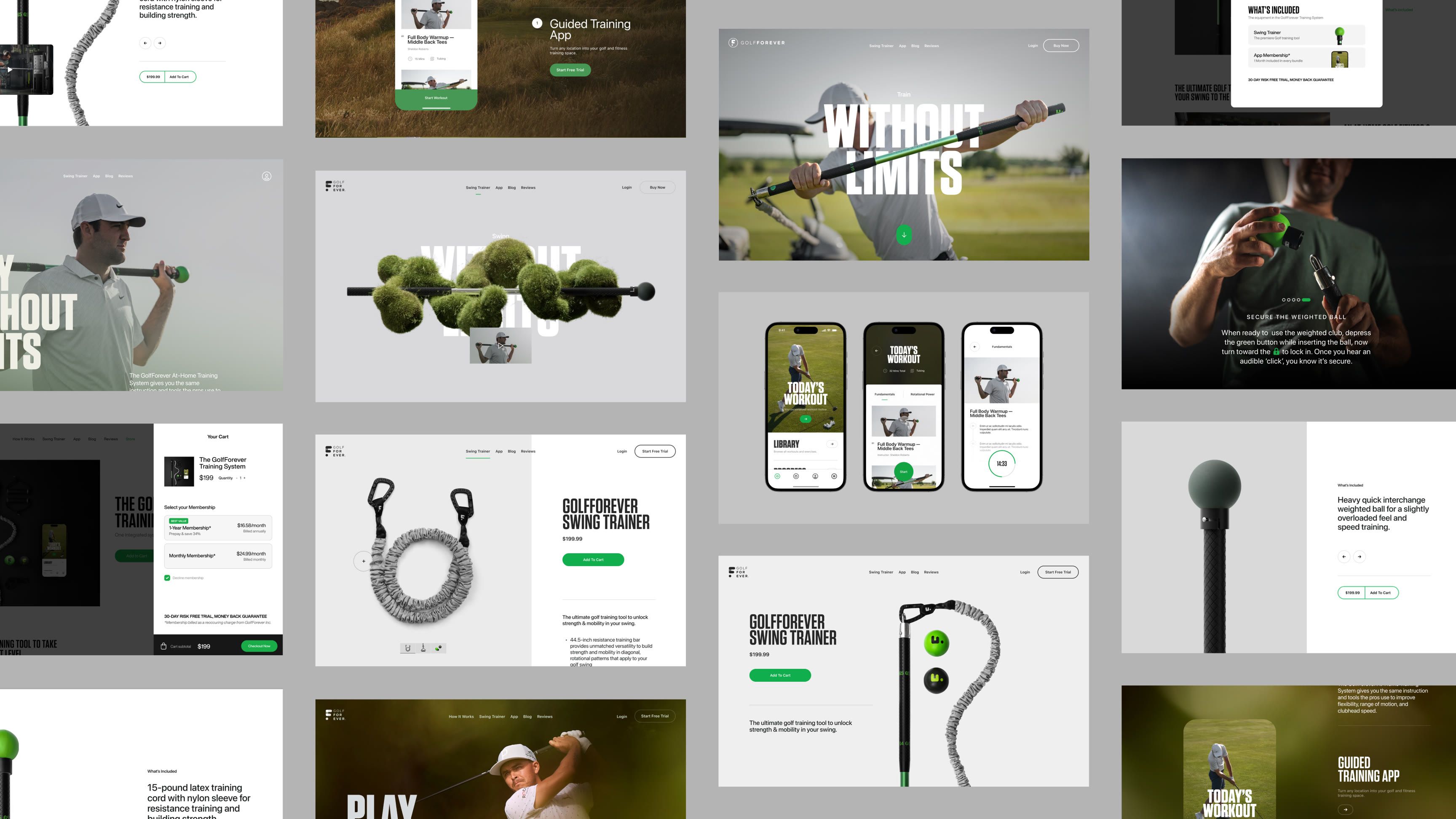 A collage of GolfForever site pages: the swing trainer, app, product details and checkout
