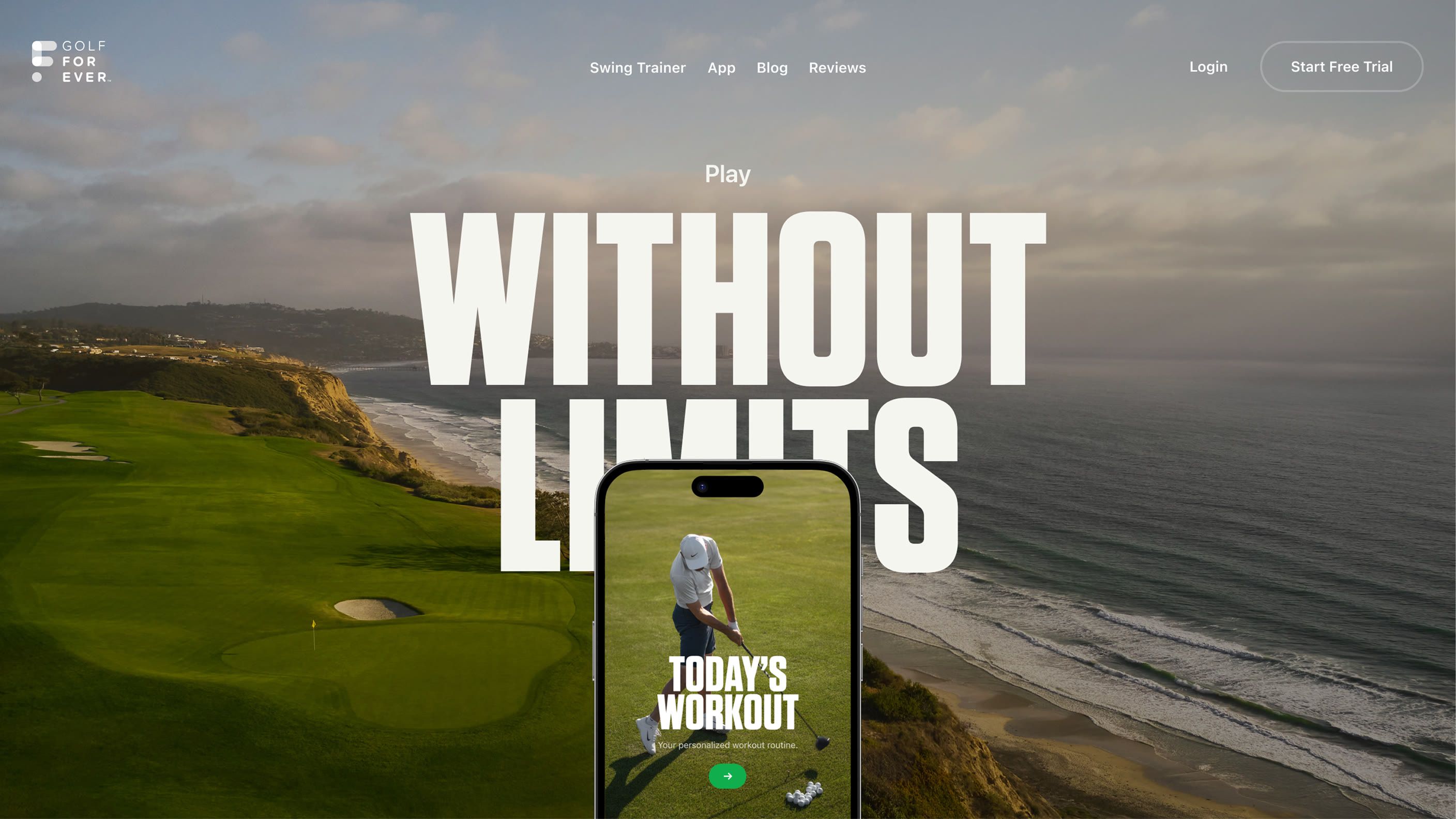 The GolfForever homepage on a desktop monitor: Play Without Limits