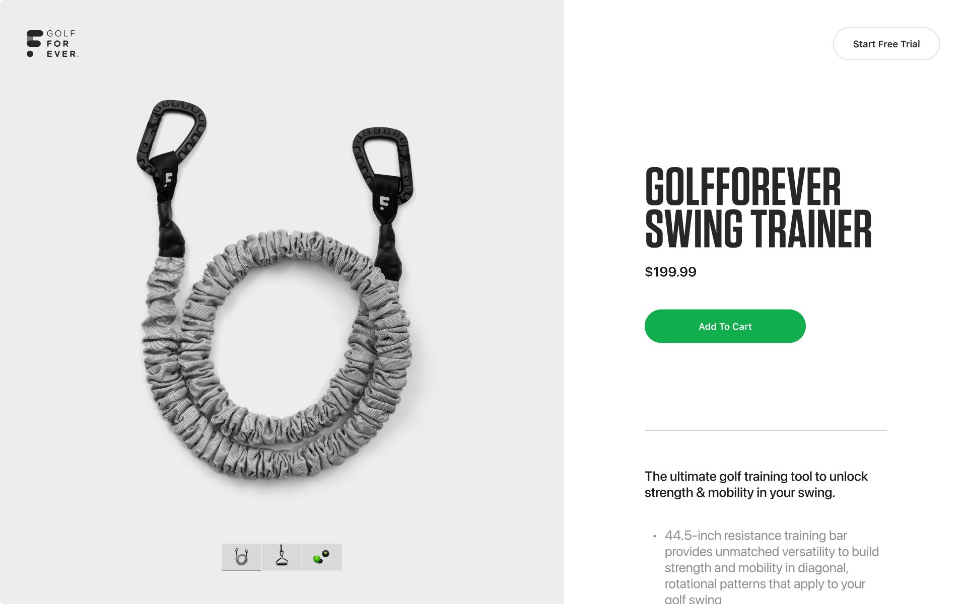 The Swing Trainer product page with the resistance band