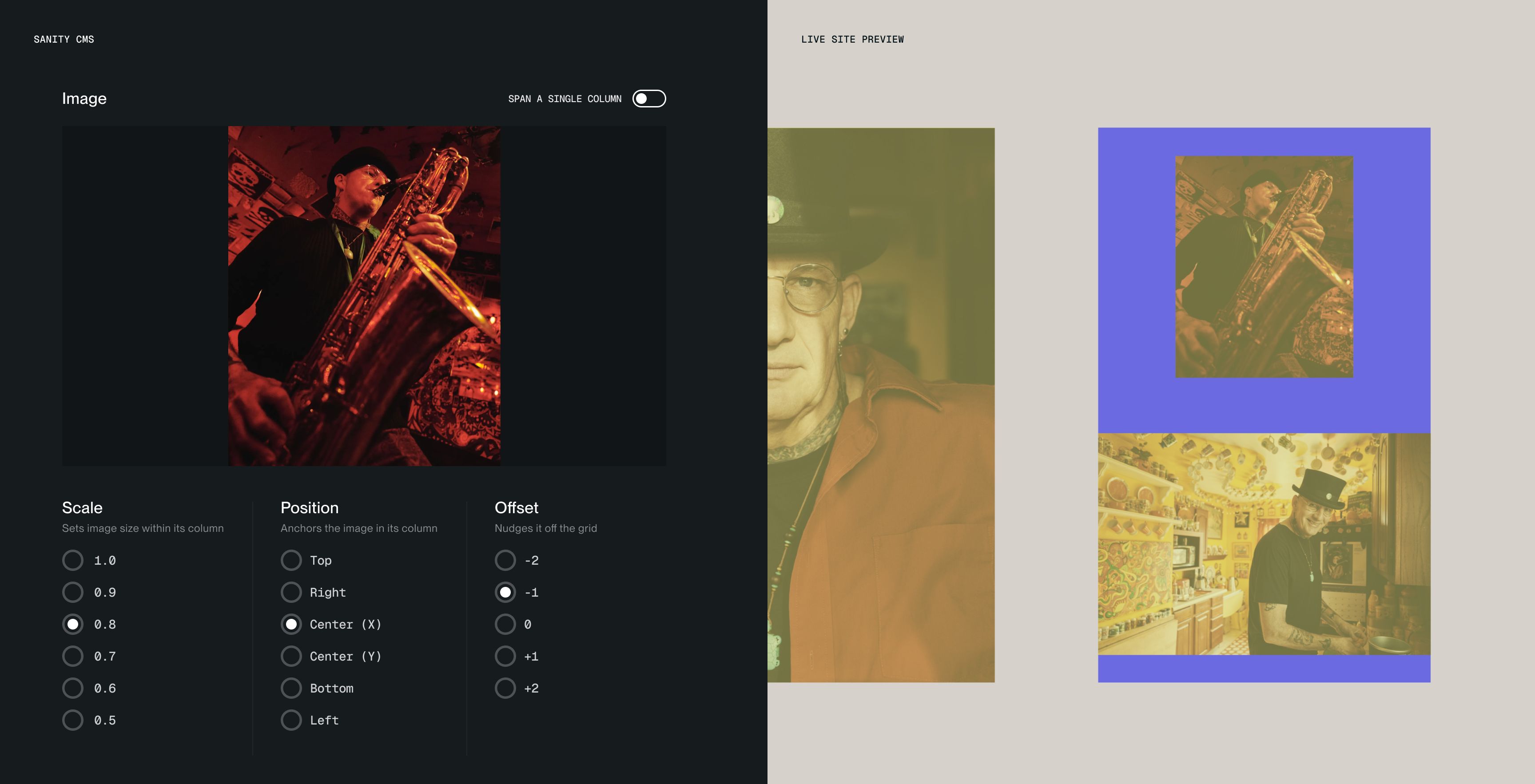 Scale, position and offset controls in Sanity beside the grid preview on the live site