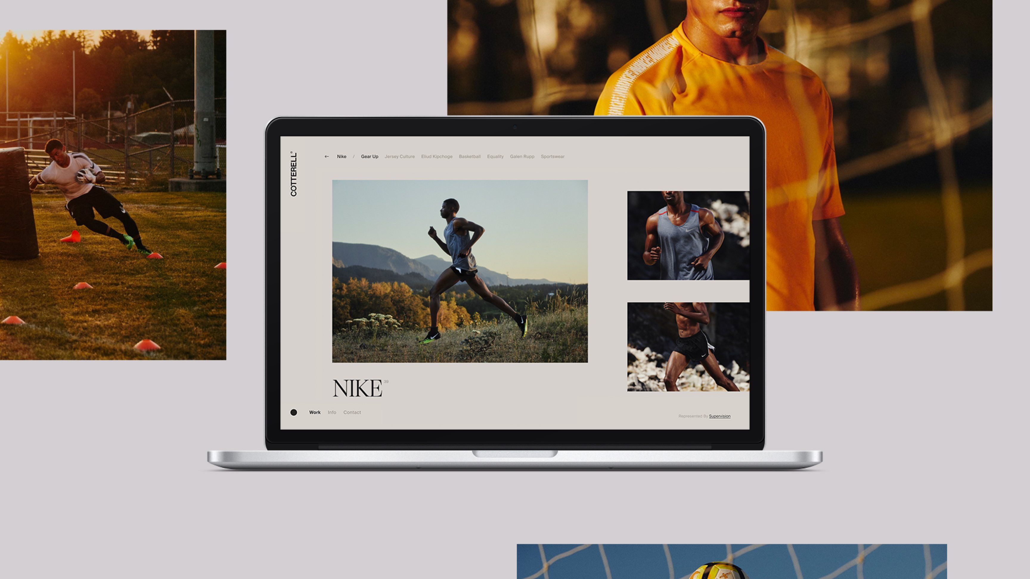The Nike project on a laptop, surrounded by photographs from the collection