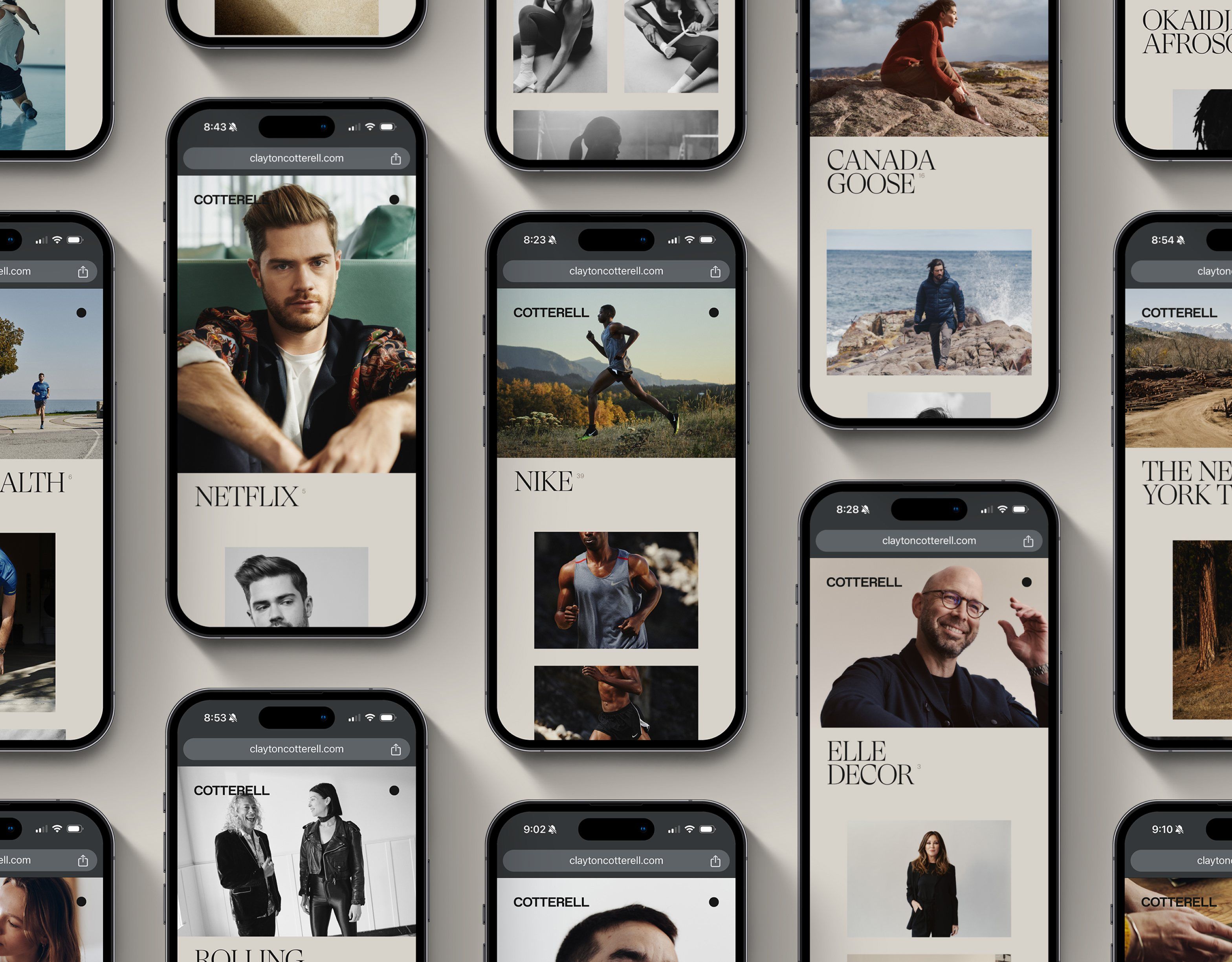 Project pages on a grid of phones