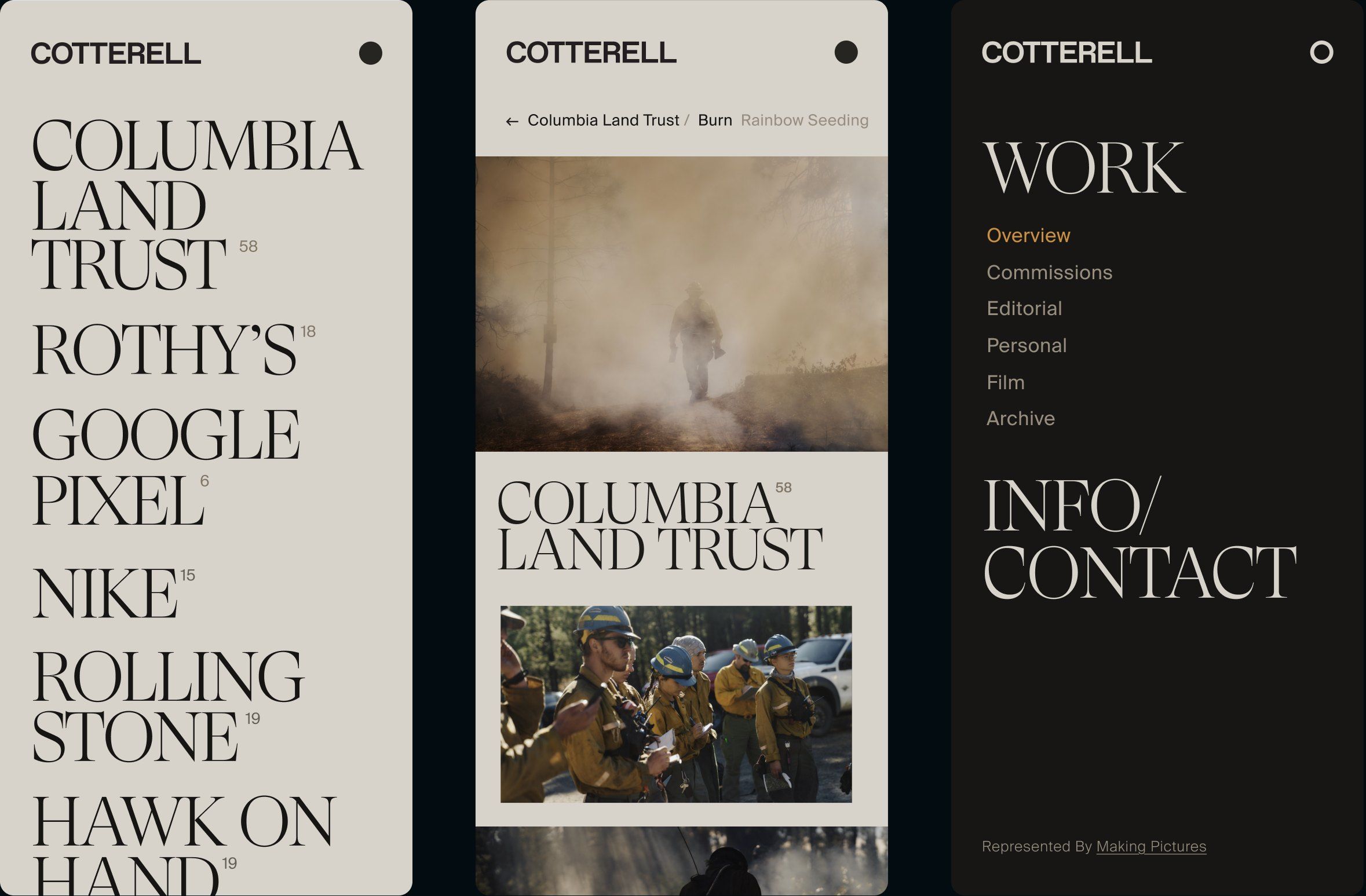 The index, a project and the menu on mobile