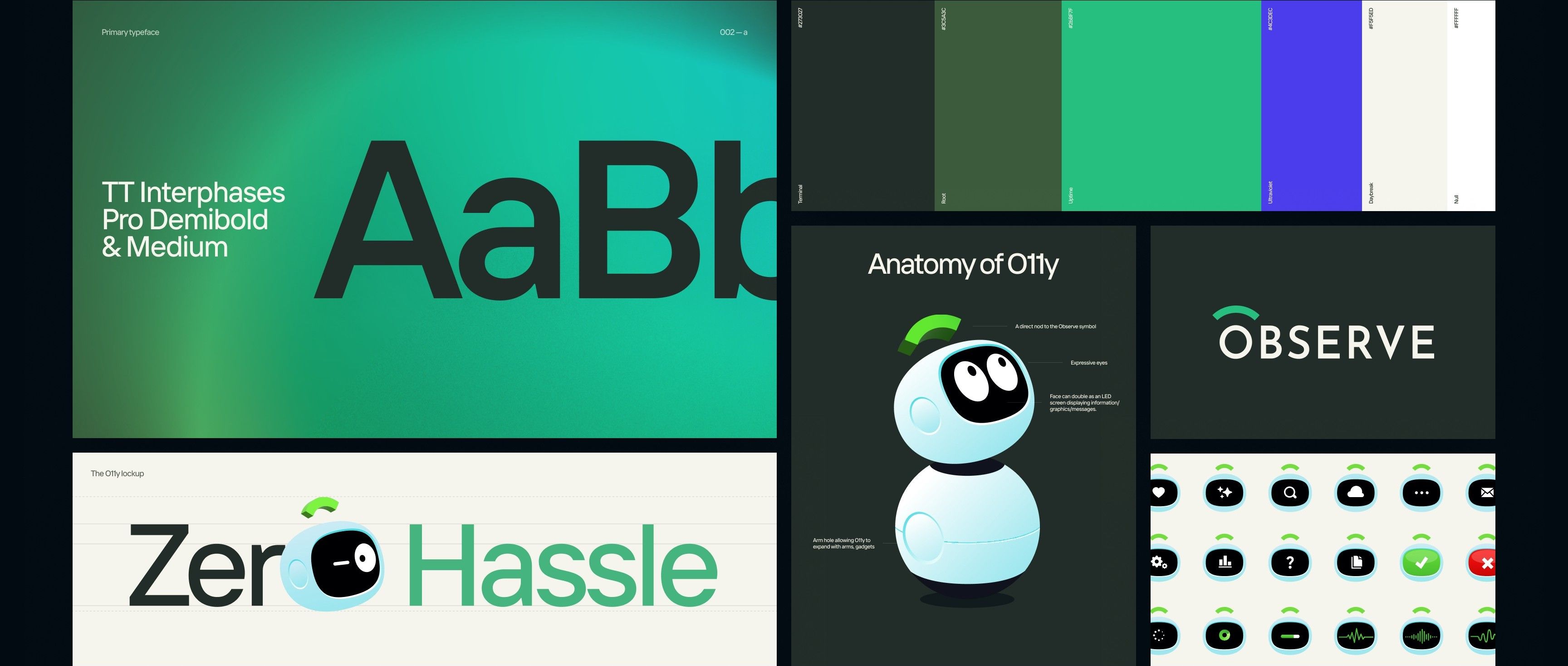 The Observe brand system: typography, color palette, the O11y lockup, anatomy of O11y and icons