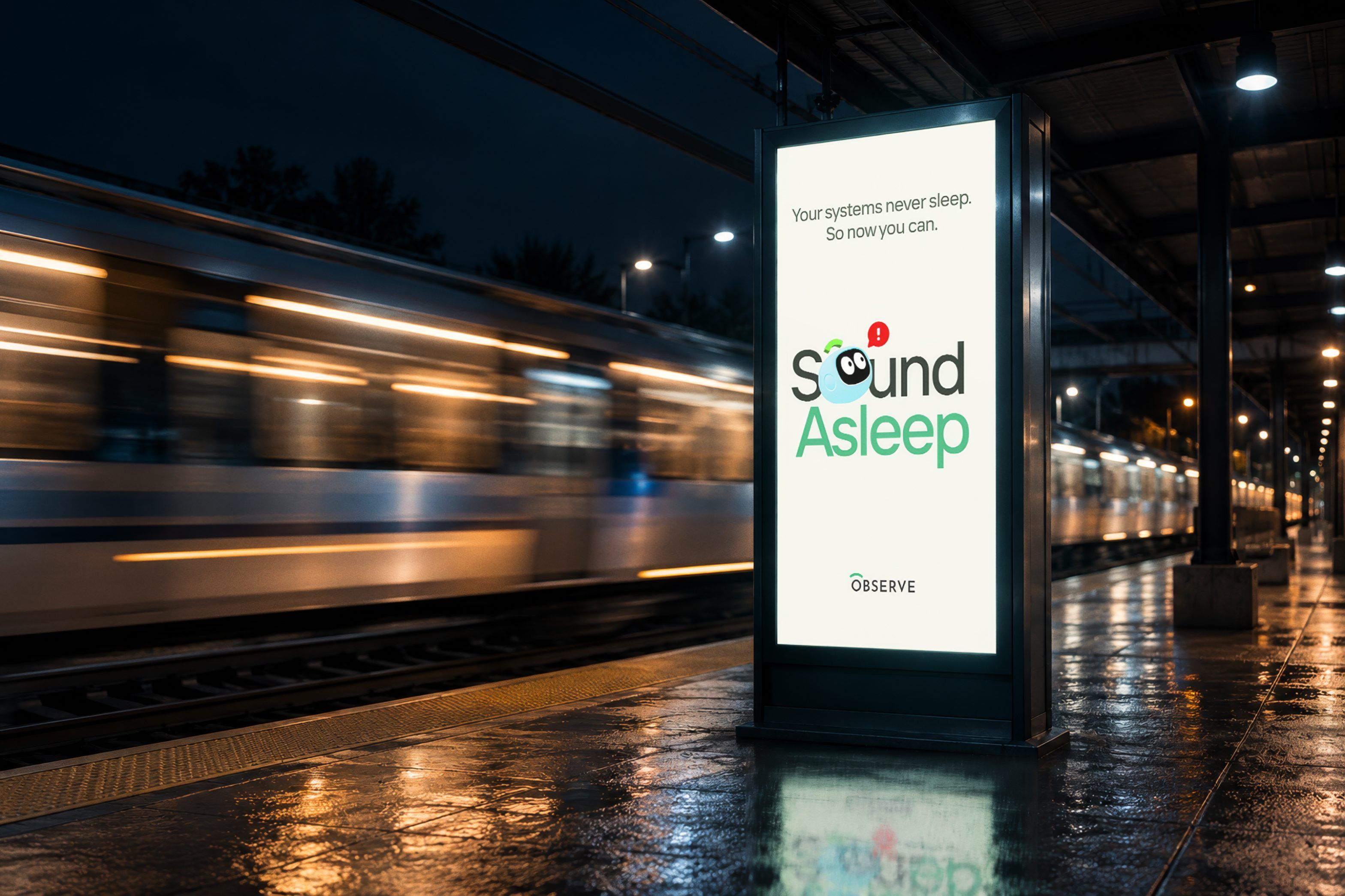 A Sound Asleep poster on a train platform at night