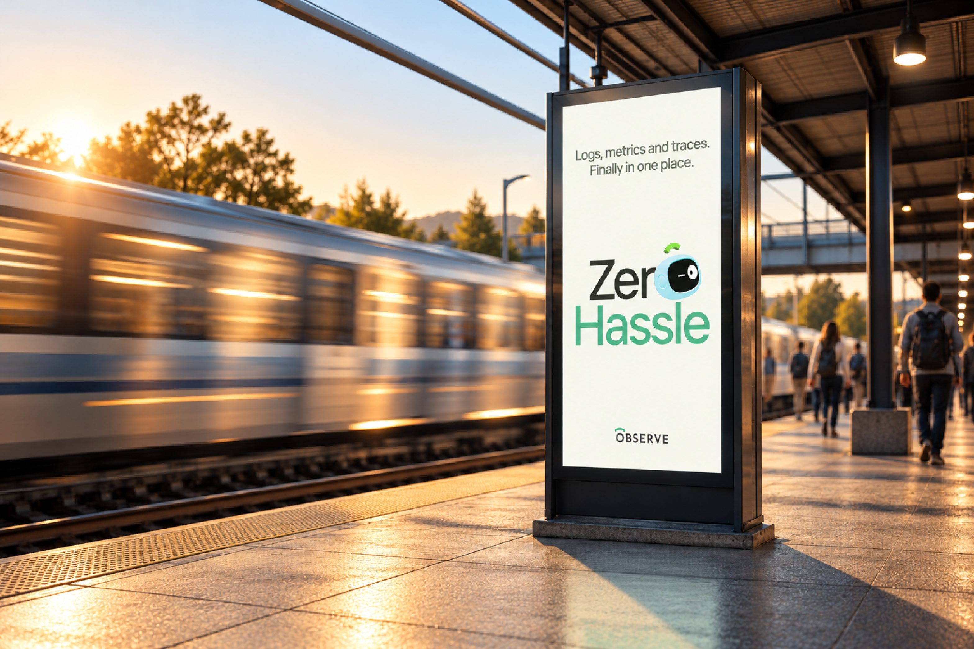 A Zero Hassle poster on a train platform at sunset